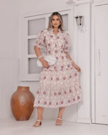 Women's Midi Dress With Embroidered Lace, All-Over Print, Embroidery, Button Detail, Ruffle Detail, Gathered Detail, Suitable For Formal And Evening Wear. - Ver 1