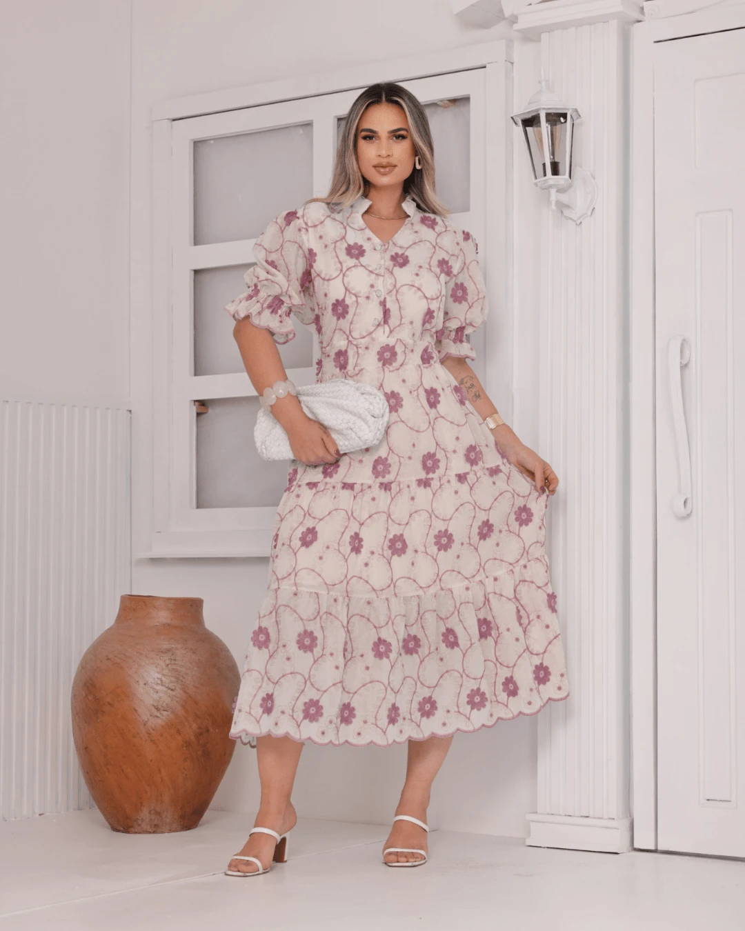 Women's Midi Dress With Embroidered Lace, All-Over Print, Embroidery, Button Detail, Ruffle Detail, Gathered Detail, Suitable For Formal And Evening Wear. - Ver 1