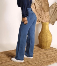 Women's Wide Leg Jeans, High Waist, Butt Lifting Design - Lavagem Escura 1 - View 2