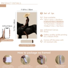 1 pieza Póster de arte moderno de pared, Impresión de arte abstracto moderno en lienzo, Póster de mujer montando, Mujer con gorro de punto montando un caballo negro, Arte elegante, Enmarcado o sin enmarcar, Decoración de habitación, Decoración del hogar, Decoración de dormitorio universitario, Regalos para decoración de paredes en hotel, hogar, regalo ideal de inauguración de la casa, sala de estar, dormitorio, baño y oficina