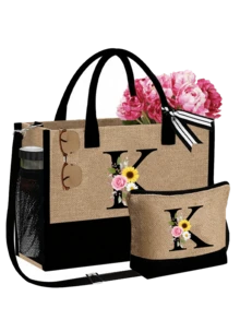 Personalized Floral Letter Linen Canvas Tote Bag Set, A-Z Letter Large Capacity Tote Bag With Matching Small Pouch, Suitable For Carrying Daily Essentials, Groceries, Travel Items, For Women, Fashion Lovers, Personalization Enthusiasts, Great For Daily Use, Shopping, Beach Travel, Adding Fashionable Personalized Accent To Outfits, Christmas/New Year Gift - Multicolor - View 18