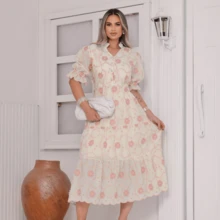 Women's Midi Dress With Embroidered Lace, All-Over Print, Embroidery, Button Detail, Ruffle Detail, Gathered Detail, Suitable For Formal And Evening Wear. - View 2