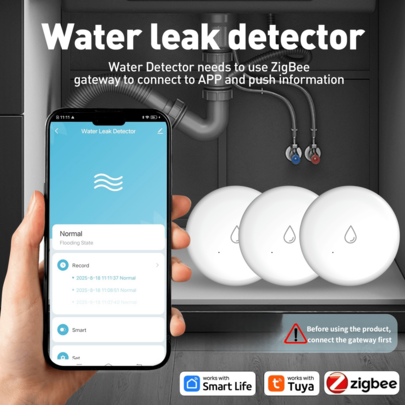 RSH Tuya Zigbee Water Sensor, Water Resistance, Smart Water Leakage Detector, 80dB Sound Alarm Leak Alarm, Smart Life Application Push Notification(Need To Connect To ZIGBEE Gateway), Wireless Detector Is Suitable For Kitchen, Bathroom, Laundry Room And Basement, Works With Tuya Smart Or Smart Life App(Only Supporting 2.4Ghz)
