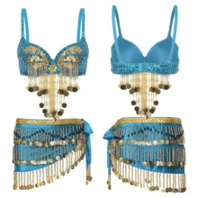 两件套肚皮舞服装，女士塑料珠饰流苏亮片胸衣上装和天鹅绒臀巾舞蹈服 - 彩色 - 查看 13