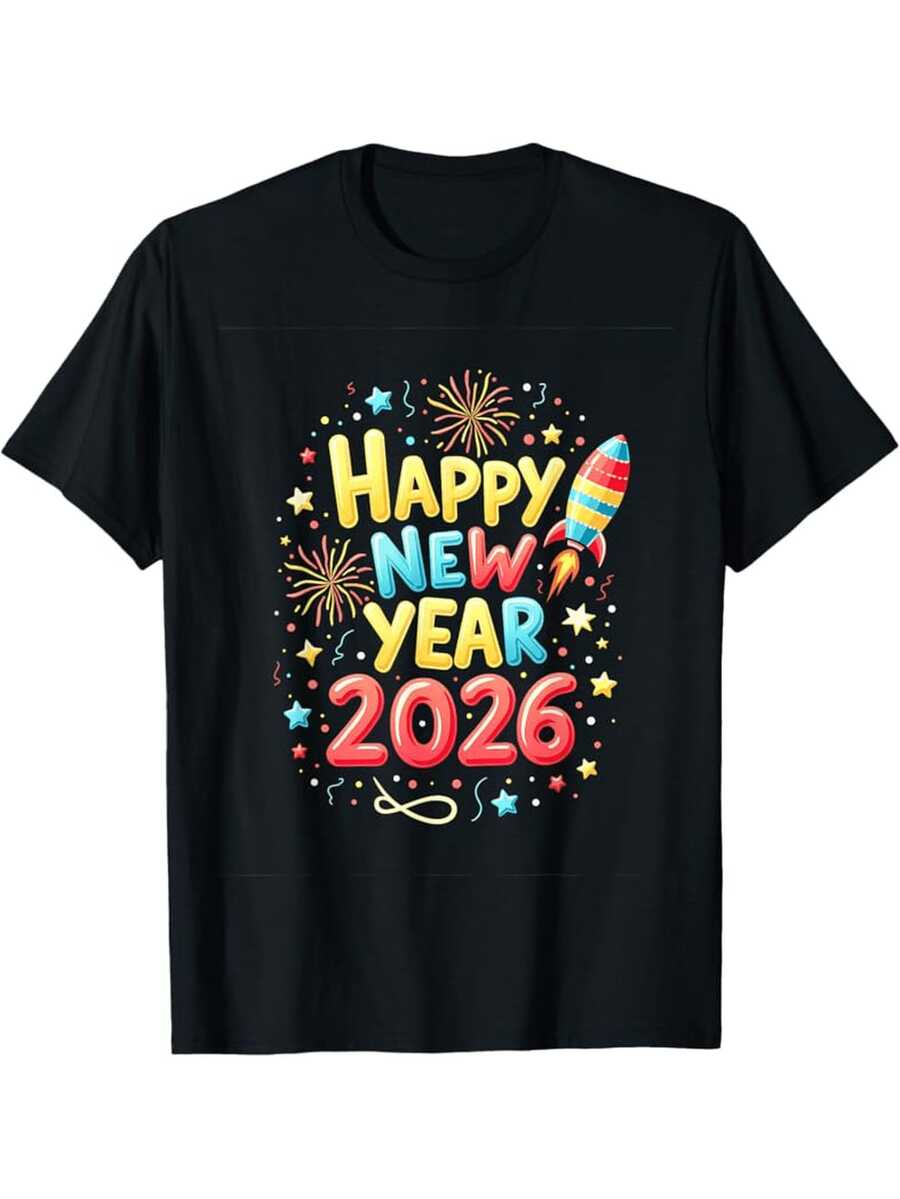 Camiseta de fiesta de Nochevieja para hombres 2026 - Diseño de fuegos artificiales y confeti de Feliz Año Nuevo con número 2026 - Camiseta casual de cuello redondo y manga corta en rojo y multicolor para celebraciones de Año Nuevo y atuendo casual - Ropa festiva para hombres adultos - Blanco - Ver 1