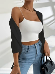 Sleeve Turn-Down Collar Ruffle Hem Tightened Waist Jacket Autumn Clothing - / U00e9 Women |      TiktokPriv Private Autumn Winter Basic Simple Ribbed Mid-Length 992 - Black - View 3