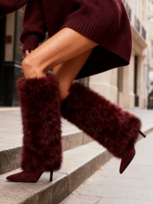 Women's Fuzzy Knee High Christmas Boots Sexy Fashion Faux Fur Side Zipper Boots Pointed Toe Stiletto Heel Casual Versatile Boots Winter Outfit For Women New Year Party Fashionable For Halloween Date Night - 酒紅色絨面 - 查看 8