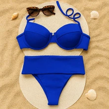 High-Waisted Bikini Set With Ribbed Hot Pants, Beachwear. - Màu xanh lam - Xem 2