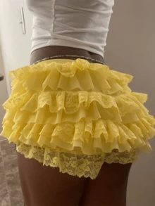 Women Lace Mini Bloomers Skirt Y2k Ruffle Low Waist Layered Lolita Half Slip Skirt Pleated Flowy Short Underskirt - 黃色 - 查看 7
