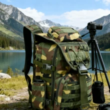 Mochila deportiva táctica: mochila para ordenador portátil de uso diario, unisex, con múltiples compartimentos, fabricada en poliéster resistente, ideal para senderismo, pesca, gimnasio, con detalles a rayas, mochila para fitness | Mochila de moda | Correas seguras, mochila de senderismo. Adecuada para viajeros, campistas, amantes de la naturaleza y aficionados al fitness. - camuflaje verde - Ver 2