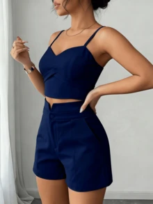 Women's Tailored Cropped Top And Shorts Set With Padded Bra - Sizes S, M, L - Navy Blue - View 2