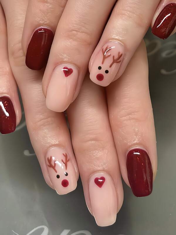 Elevate Your Style With 24pcs Christmas Medium Square Shape Press On Nails Kit Claret,Cute Heart & Cherry Red Christmas Reindeer Animal Fit Perfectly Fake Nails KitFull Cover False Nails,Includes 1sheet Adhesive Tabs & 1pc Mini File,For Daily Dating Office Home Party,Women Jewelry Accessories False Nail Tips 1 File Strip Jelly Gel