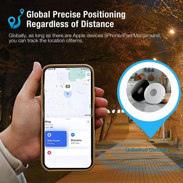 Rastreador GPS alternativo ao Apple AirTag, chaveiro AirTag, localizador global em disco para Apple, rastreador GPS para carro, coleira GPS para gatos, bateria CR2032 substituível, compatível com a plataforma "Buscar" da Apple, rastreamento com um clique, rastreamento remoto preciso, bateria de longa duração, adequado para idosos, animais de estimação, carros, chaves, bolsas e outros itens com lembrete anti-perda.
