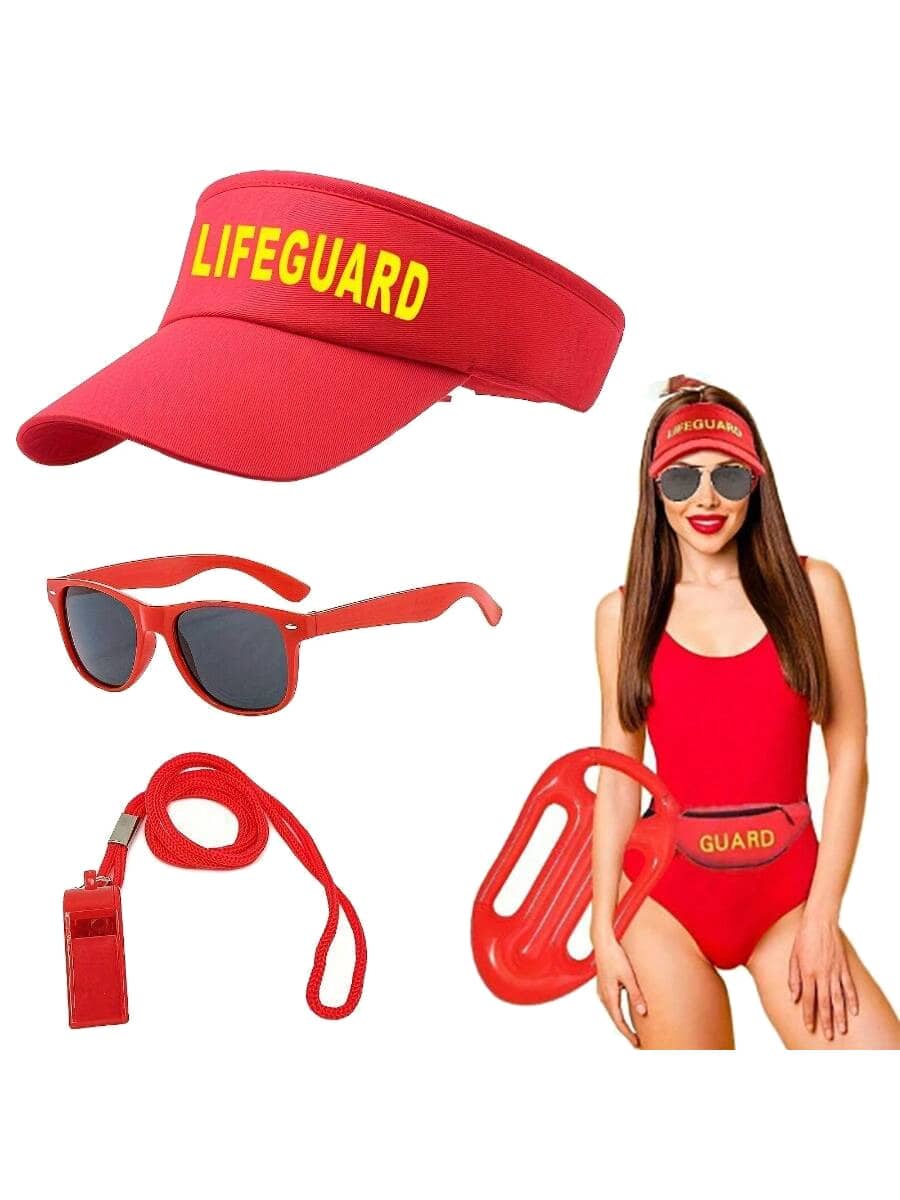 مجموعة زي حارس الحياة تشمل قبعة حارس الحياة وصافرة حارس. إكسسوار حارس الحياة هو قبعة شمس حمراء قابلة للتعديل للملابس الأنيقة. وهي مناسبة لكل من الرجال والنساء من جميع الأعمار. وهي مناسبة للاستخدام في حمامات السباحة والشواطئ والحفلات وأحداث الزي