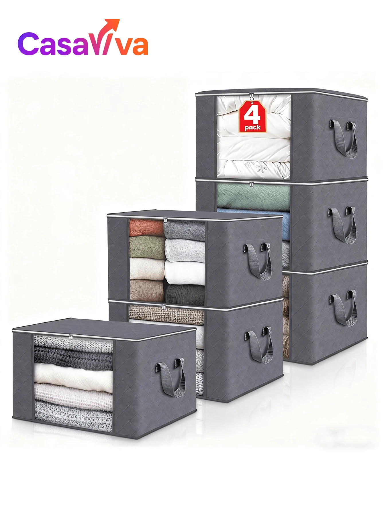 Juego de 4 Bolsas  Gris de Almacenamiento Grandes de 90L ,Organizadores Plegables para Ropa, Mantas y Edredones,Cajas de Tela Gruesa con Asas Reforzadas,Contenedores de Armario Transpirables y Resistentes,Ideal para Dormitorio, Hogar o Mudanza