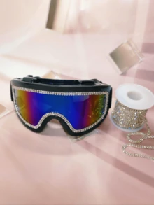 1pc Multi-Color Rhinestone Diamond Decor Multifunctional Protective Goggles, Unique Design Concept And Independent Designer Style, EU Appearance Patent Protection 0150688630006 - Ski Goggles With Double Row Of Diamonds - Black Frame and Black Belt/color Film/diamond Sticker - View 6