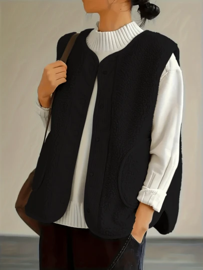 大码女式前扣口袋罗纹优雅休闲背心夹克，适合休闲、日常通勤