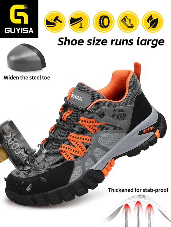 GUYISA Zapatos de seguridad de trabajo de moda, con puntera de acero, resistentes a la perforación y con suela de goma, color negro y gris, de tobillos bajos. (Estos zapatos son un poco pequeños, por favor pida una talla talla grande grande.)