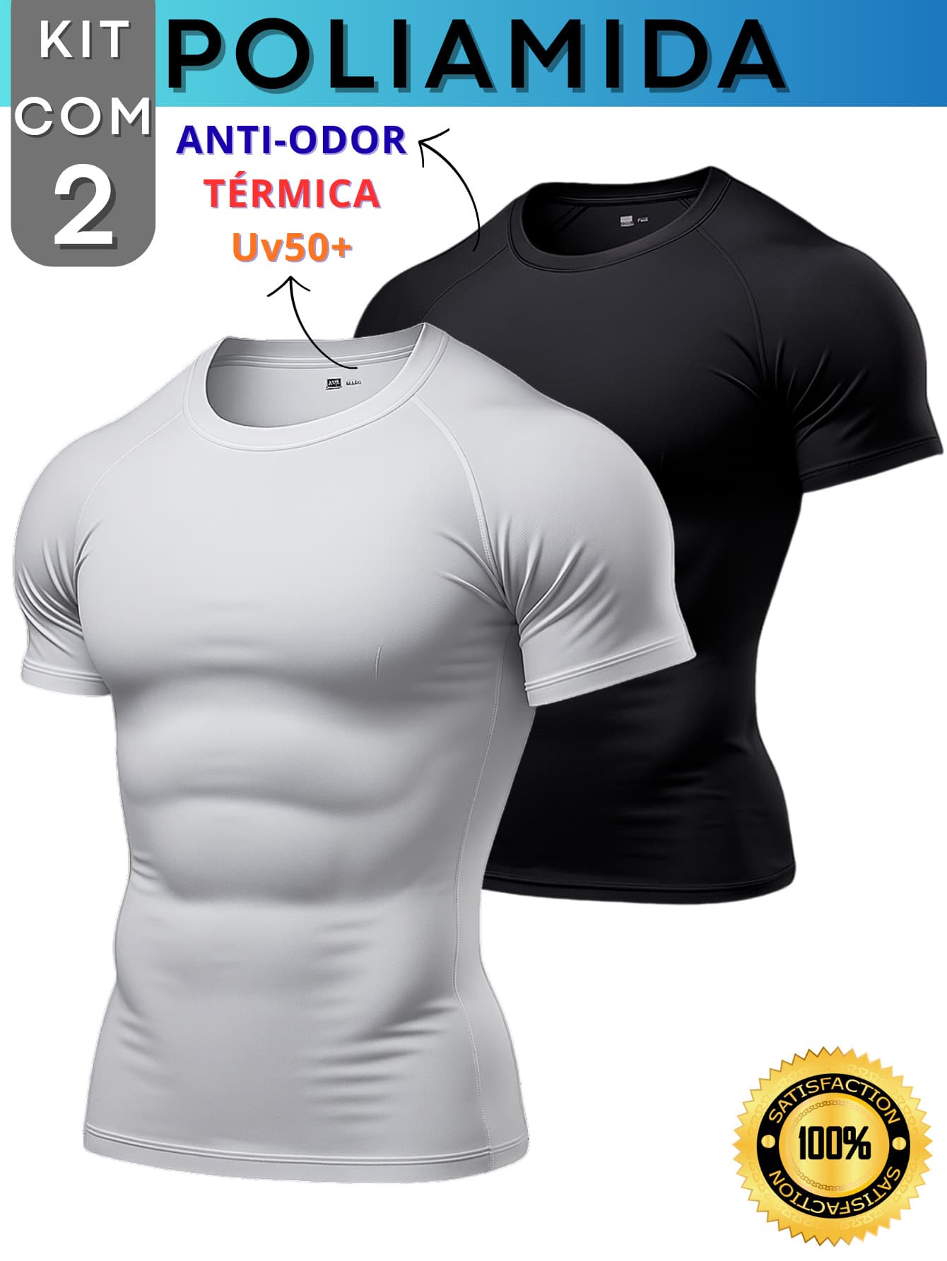 Kit Of 2 Men's Polyamide Compression Short Sleeve Thermal Anti-Odor UV50+ Raglan Shirts For Gym And Training KJG - Black and White - View 1