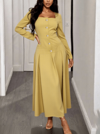 Elegant Vintage Square Collar Button Down Fitted Long Dress, Stylish & Commuter-Friendly For Women, Autumn