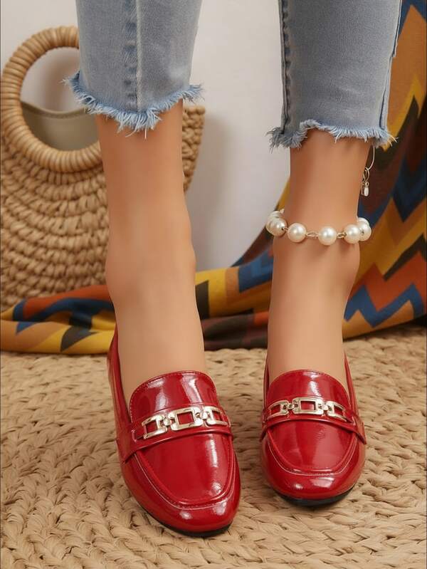 Women's Flat Slip-On Shoes, Solid Color Preppy College Bohemian Casual Commute, Large Red Glossy Buckle, Suitable For Wedding, Office, Outdoor, Festival, All Seasons