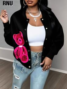RNU Sudadera casual de felpa para mujer de talla grande, con cuello y puños acanalados, decoración de botones metálicos, parche de oso lindo, diseño de cintura ceñida, nueva colección de otoño/invierno para mujer de talla grande, adecuada para conciertos, versátil para moda, citas nocturnas, vacaciones, prenda de vestir de manga larga versátil