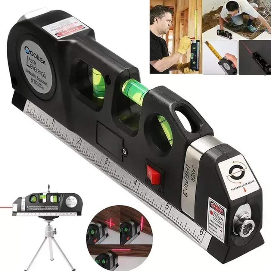 Kit de nivel láser de uso múltiple, líneas cruzadas estándar, herramienta de haz de policarbonato con cinta métrica e imperial, nivel láser no portátil para marcar y nivelar - Negro - Ver 1