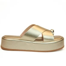 Women's Platform Sandal With Crossed Straps, Gold Embellishment, And Metal Toe Cap. Beach Sandal. - Vàng - Xem 2