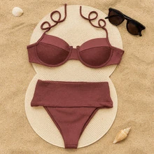 High-Waisted Bikini Set With Ribbed Hot Pants, Beachwear. - 鏽棕色 - 查看 2