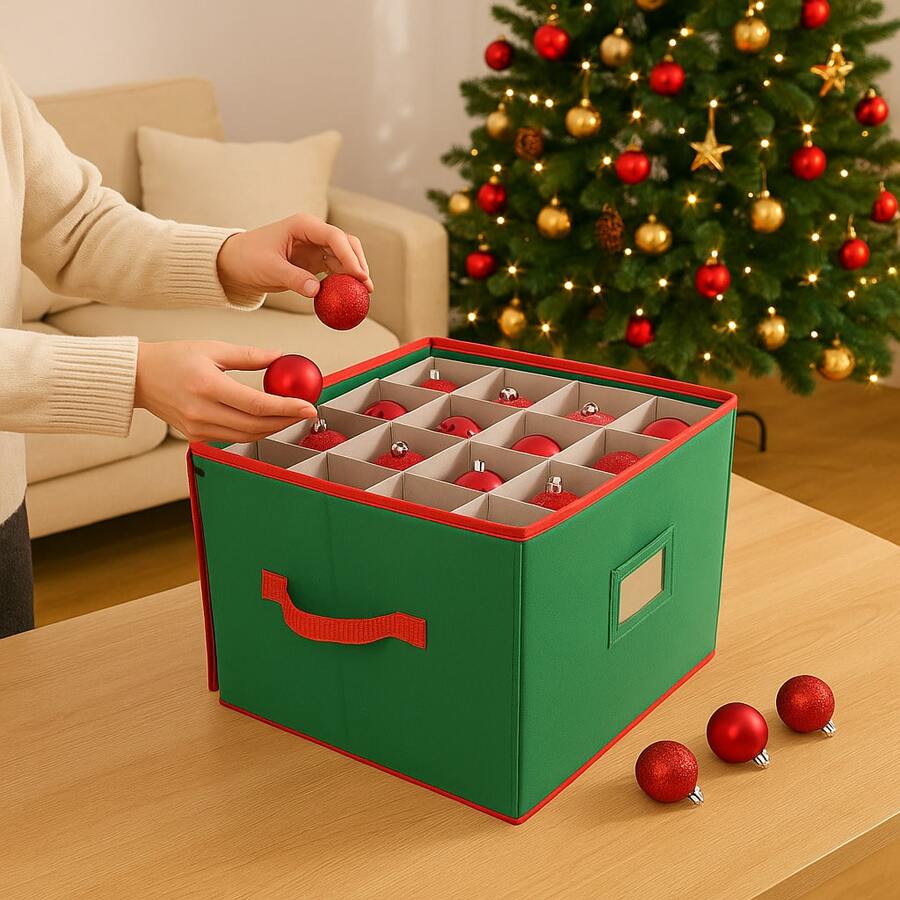 64-Grid Christmas Ornament Storage Box, Non-Woven Christmas Ornament Organizer - Green - View 1