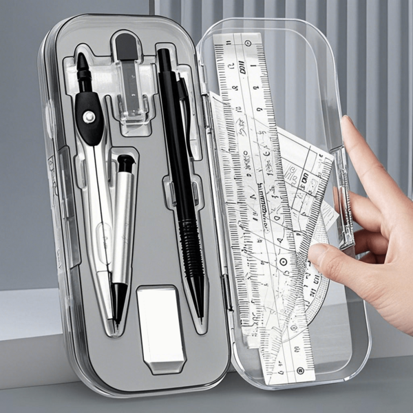 8 Piece Clear Plastic Geometric Compass & Ruler Set - Durable Drawing Tool Kit With Protractor, Triangle & Eraser For School & Art Projects