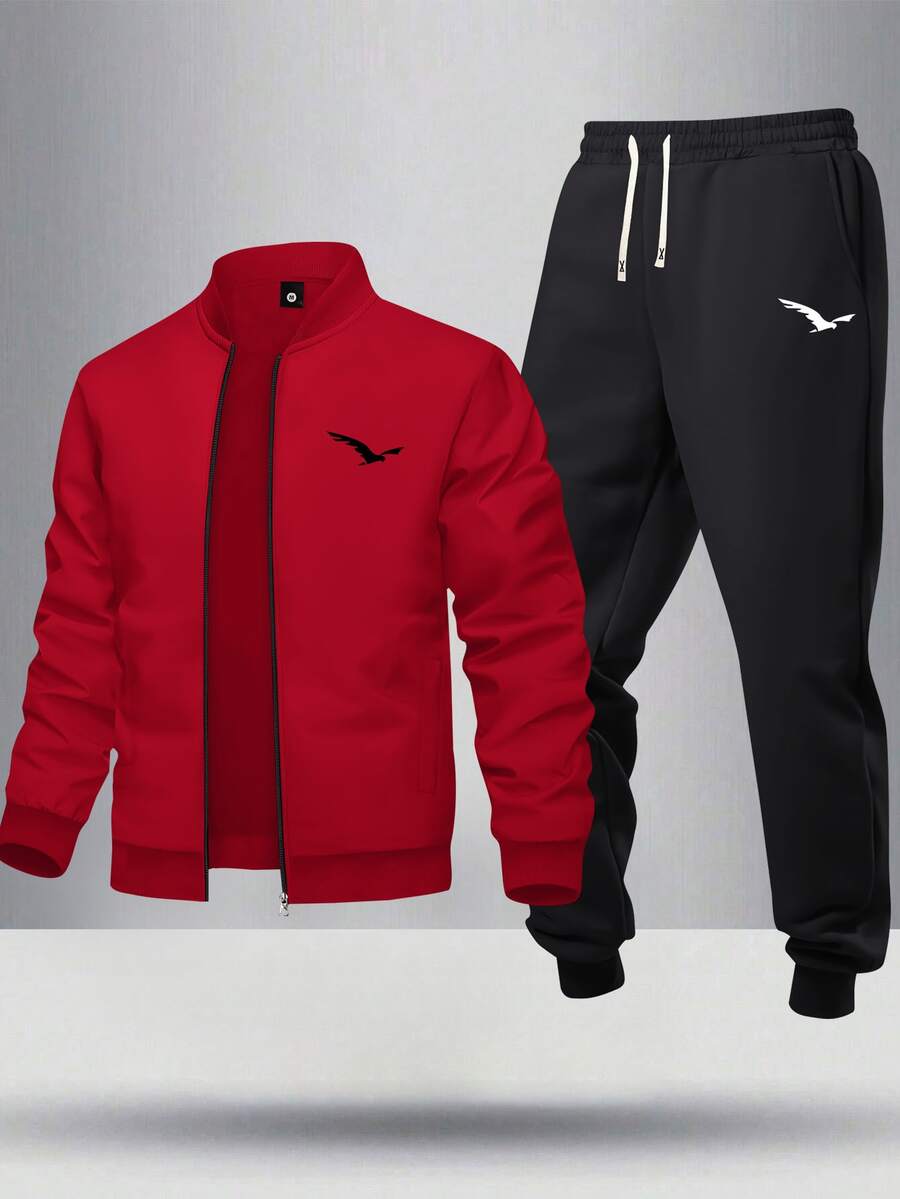 男士鸟类印花飞行员夹克和运动裤两件套，春秋季休闲户外服饰 - 紅色 - 查看 1