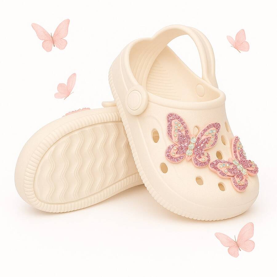 Sandalia babuche infantil menina feminino Bottons borboletas strass removíveis lançamento - Bege - Visão 1
