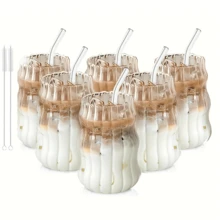 6PCS Glass Coffee Cups With Straws, Vintage Stripe Design, Simple Office Water Cups, Suitable For Iced Coffee And Beverages, Commercial Coffee Cups, Mugs, Home Drinkware, Holiday Gifts, Comes With A Straw Cleaning Brush! - 透明 - 查看 1