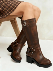 Vintage Combat Boots For Women Round Toe Buckle Straps Side Zipper Chunky Mid Heel Mid Calf Jaripeo Boots Countryside Retro Dark Brown Boots - 巧克力棕 - 查看 2