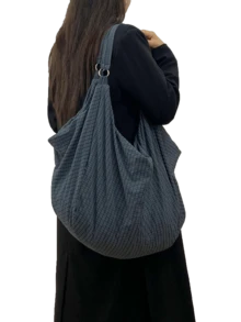 Large Capacity Plaid Pattern Shoulder Bag, New Autumn/Winter Dark Color Nylon Fabric Bag, Soft & Lightweight Foldable Women's Crossbody Bag, Casual & Practical Multipurpose Tote Bag, Suitable For Work, Study, Travel - Blue - View 2