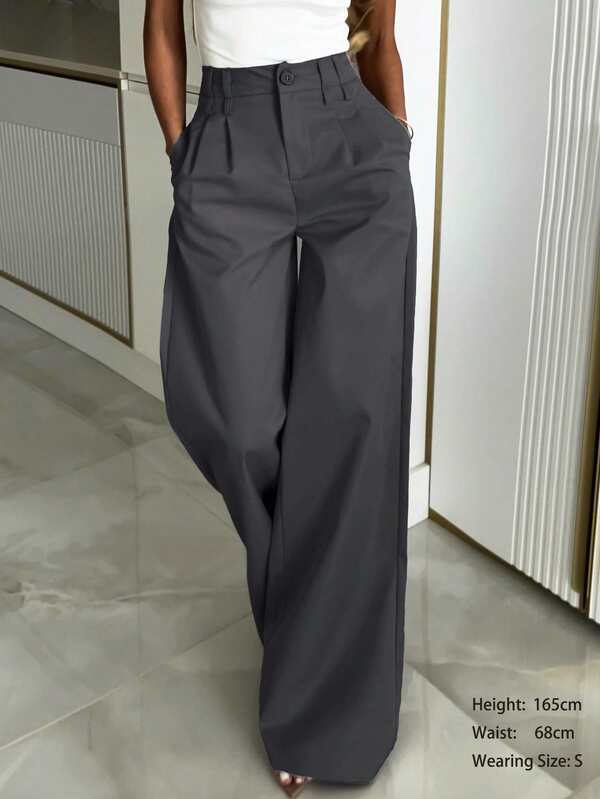 Calça larga casual SMILE CHIC, cor sólida, com bolsos e fecho de zíper