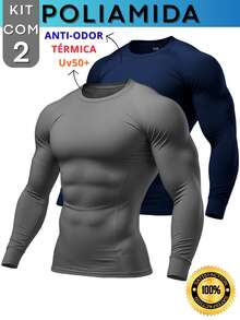 Kit With 2 Polyamide UV50+ Thermal Long Sleeve Compression Anti-Odor Raglan Shirts KJG - Gray and Navy Blue - View 1