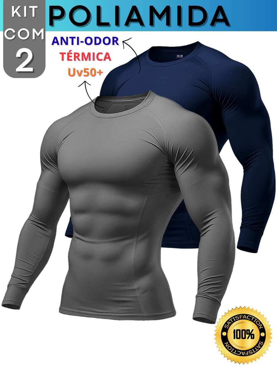 Kit With 2 Polyamide UV50+ Thermal Long Sleeve Compression Anti-Odor Raglan Shirts KJG - Gray and Navy Blue - View 1