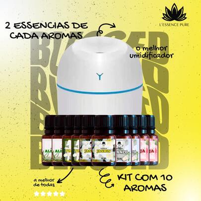 Kit de Umidificador e Difusor Aromatizador com 10 Essências Hidrossolúvel | Difusor Modelo Egg 200ml | Essências Aromatizantes 20ml