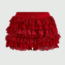 Women Lace Mini Bloomers Skirt Y2k Ruffle Low Waist Layered Lolita Half Slip Skirt Pleated Flowy Short Underskirt - 紅色 - 查看 4