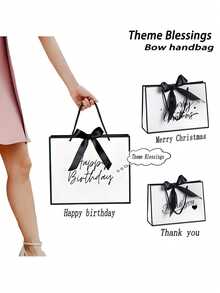 1个白色硬纸板礼品袋，黑白蝴蝶结礼品袋，生日礼物包装，圣诞礼物包装，印花纸礼品袋，厚纸礼品袋，可折叠手提袋，适合送给朋友、姐妹、母亲和祖母作为生日礼物、圣诞礼物，黑白生日礼品袋 - 彩色 - 查看 2