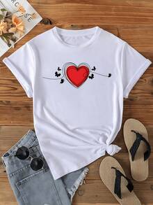 Playera de mujer de algodón puro con estampado de corazón y mariposas, cuello redondo, estilo casual, suave y cómoda para uso diario, primavera verano elegante - Blanco - Ver 6