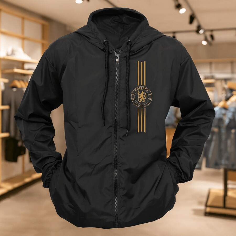Chelsea Gold Windbreaker Jacket, Unisex, With Hood And Zipper - Đen/Vàng - Xem 1