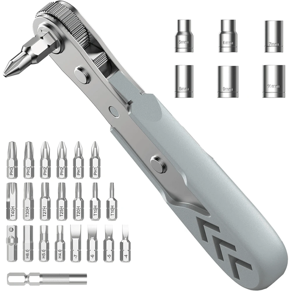 28in1 Right Angle Ratcheting Screwdriver Set, [Bearing Steel] 36-Tooth Mini Ratchet Wrench, Men Gifts, Low Profile Ratchet Screwdriver, Magnetic Offset Screwdriver Repair Tool - Xám - Xem 1