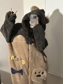 可爱卡通熊连帽卫衣，长袖拉链毛绒派对睡衣 COSPLAY 家居服，女士加厚抓绒保暖连帽衫，撞色毛绒，适合狂欢节、万圣节、音乐节、女士万圣节服装、万圣节连衣裙 - 彩色 - 查看 10