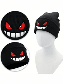 男女通用笑脸刺绣图案针织帽，保暖帽，休闲街头风，秋冬季配饰，多种颜色可选，嘻哈风头饰，适合秋冬季户外活动、旅行、滑雪、运动、角色扮演、万圣节和圣诞节等节日送礼。 - 多色2 - 查看 2