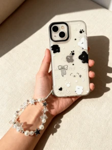 Kawaii Black White Cloud Star Bear Phone Case with Pearl Star Wrist Strap Bracelet Set, Transparent Shockproof iPhone Cover, 2-in-1 Stylish Accessory, Cute Cartoon Design, Detachable Bracelet for Daily Wear,Gift for Teens Girls Women, Daily/Travel/School Use, Media-FReool - 黑白貓蘋果手機殼 - 查看 3