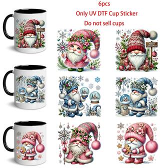 6个圣诞老人图案防水可擦拭UV DTF转印纸杯套，适用于16盎司玻璃咖啡杯、马克杯、陶瓷杯、装饰品，适合DIY手工艺者（包装出售，不含杯子）