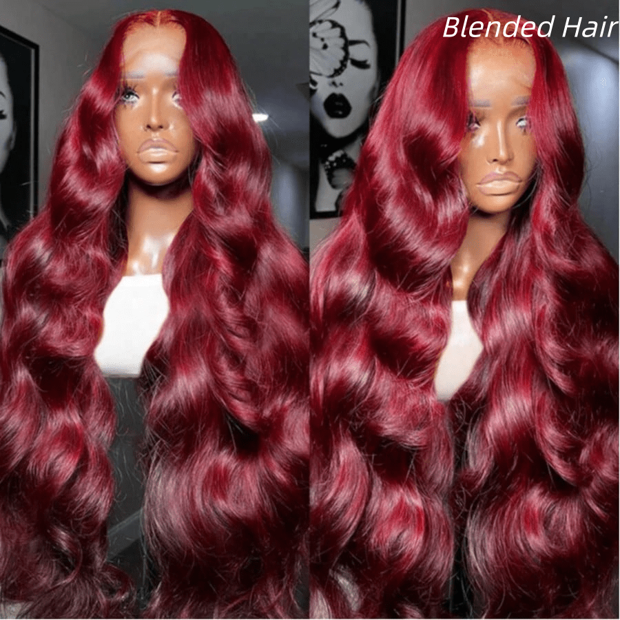 Perucas de Onda Corporal de Densidade 200% 13x4 HD Frontal de Renda Transparente Perucas de Vinho Tinto da Moda Onda Corporal Sem Cola Pré-Arrancadas com Cabelo de Bebê e Linha de Cabelo Natural Misturado para Mulheres